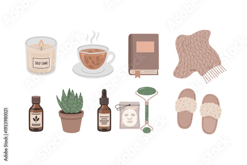Various self-care items for relaxation and wellness are beautifully illustrated, creating a cozy and comforting atmosphere for personal well-being.