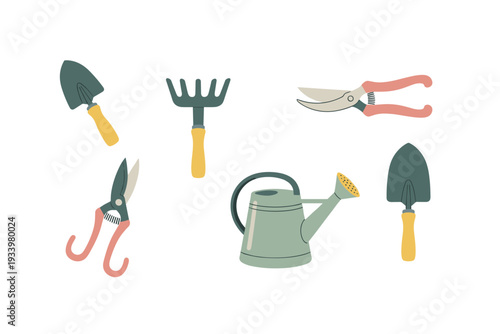 Gardening tools collection for planting and cultivating plants in the garden, including trowels, a rake, pruning shears, and a watering can, presented in a charming flat illustration style.