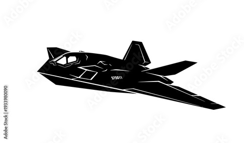 A sleek black airplane flying through the air as a vector graphic