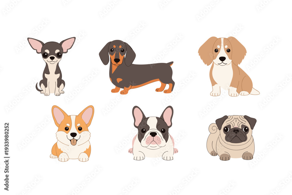 Obraz premium Six cute cartoon dogs of various popular breeds are illustrated in a charming, simple, and friendly style, perfect for children's designs.