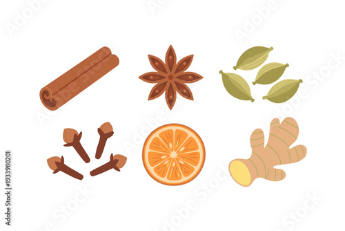 Collection of aromatic spices and ingredients including cinnamon, star anise, cardamom, cloves, orange, and ginger, perfect for festive recipes and warm beverages.