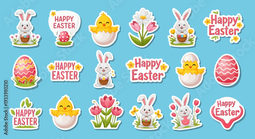 Easter-themed illustrations featuring bunnies, eggs, and flowers in various designs and settings