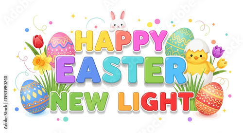 Vibrant Easter Illustration Featuring Eggs and Flowers in Bright Colors