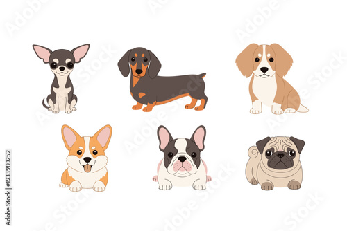 Six cute cartoon dogs of various popular breeds are illustrated in a charming, simple, and friendly style, perfect for children's designs.