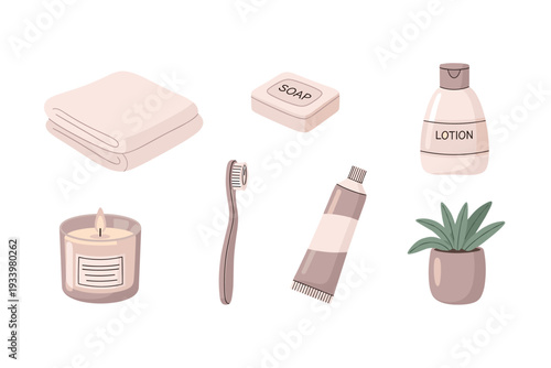 Bathroom essentials and self-care items are neatly arranged in a minimalist and clean illustration, perfect for wellness and hygiene concepts.