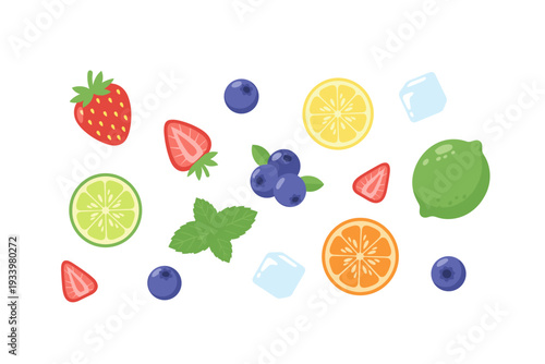 Fresh fruits, berries, citrus, mint, and ice cubes are scattered in a vibrant, colorful flat lay illustration, perfect for summer drink recipes.