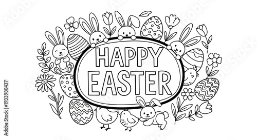 Easter-themed illustration with bunnies, eggs, and flowers in a festive wreath, showcasing a joyful celebration