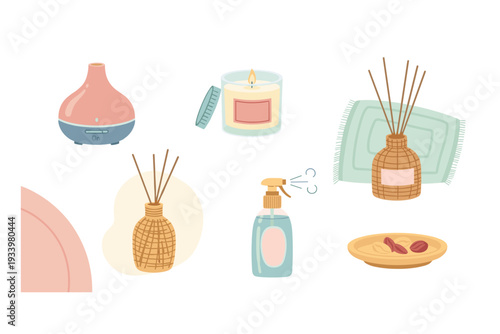 Home fragrance products for relaxation and aromatherapy, including diffusers, candles, and room sprays, creating a cozy atmosphere.