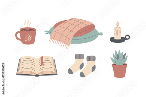 Cozy home comfort items collection featuring a steaming mug, soft pillows, a warm blanket, a lit candle, an open book, and a potted plant, evoking a sense of relaxation and warmth.