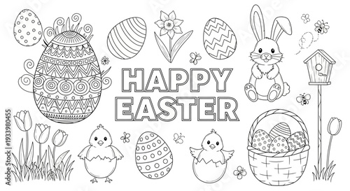 Easter-themed illustration featuring eggs, bunnies, and chicks in a festive scene.