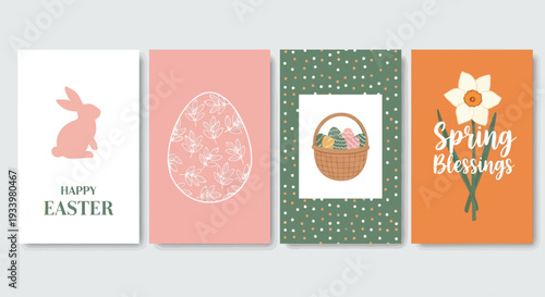 Easter greeting cards with festive illustrations and spring messages displayed together
