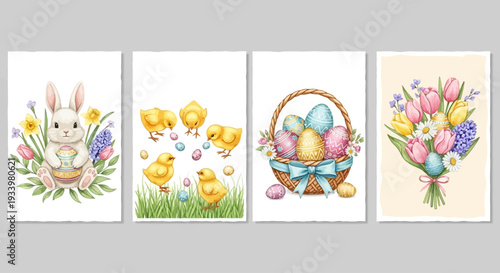 Easter themed illustrations featuring bunny, chicks, eggs, and flowers in a spring setting.