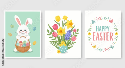 Easter-themed illustrations featuring a bunny, flowers, and festive greetings in a celebratory setting