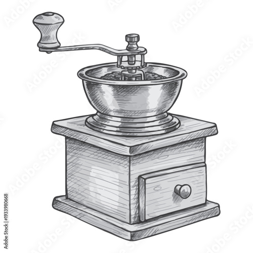 Old antique wooden coffee grinder mill isolated on white background