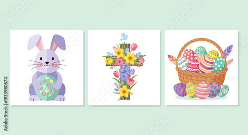 Easter themed illustrations featuring bunny, eggs, flowers, and basket in a festive arrangement