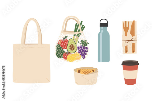 Collection of eco-friendly products for a sustainable zero-waste lifestyle, featuring reusable shopping bags, water bottle, and wooden cutlery.