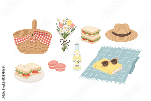 Picnic basket, delicious sandwiches, fresh flowers, sweet macarons, refreshing lemonade, a straw hat, and a cozy blanket are perfectly arranged for a delightful outdoor summer gathering.
