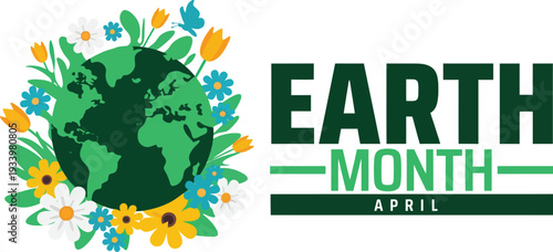 Happy Earth Month April - Planet Surrounded by Flowers and Butterfly