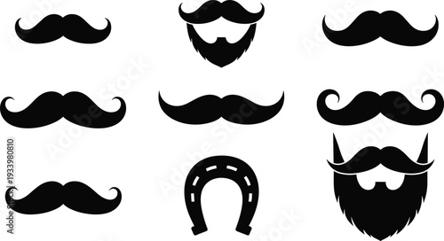 Black Silhouette Icons of Mustaches Beards and a Horseshoe Keywords: mustache, beard, horseshoe, icon, silhouette, graphic