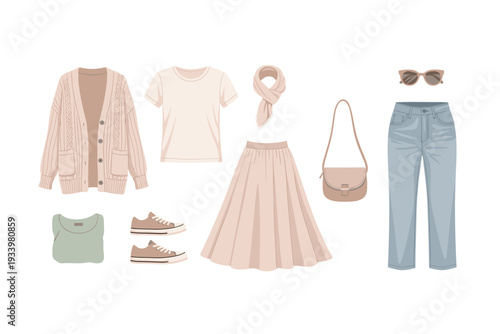 Women's clothing and accessories collection showcasing a variety of comfortable and fashionable garments for everyday wear in neutral tones.