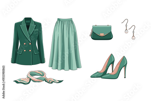Stylish women's fashion accessories and clothing items displayed together creating a chic and elegant outfit in various shades of green and teal.