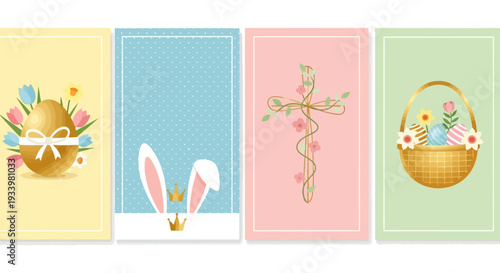Easter-themed illustrations featuring eggs, bunny ears, flowers, and baskets in pastel colors, showcasing festive holiday designs and symbols.