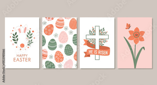 Easter celebration with eggs, cross, and flowers in various designs and patterns