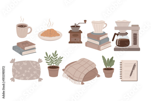 Coffee, books, and cozy home items are beautifully arranged in a charming illustration, perfect for a relaxing morning or a comfortable day indoors.