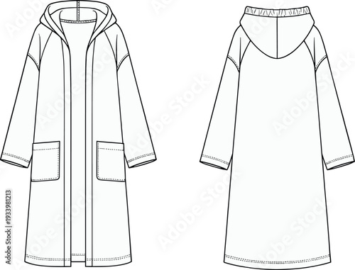 "Technical flat fashion sketch of hooded coat with long sleeves, patch pockets, open front design, seam details, front and back garment construction illustration for designers"
