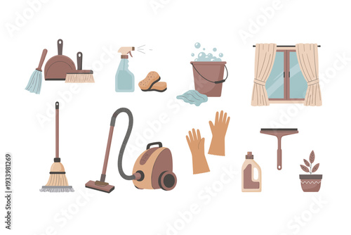 Various cleaning tools and supplies are neatly arranged, showcasing essential household equipment for maintaining a tidy home environment.