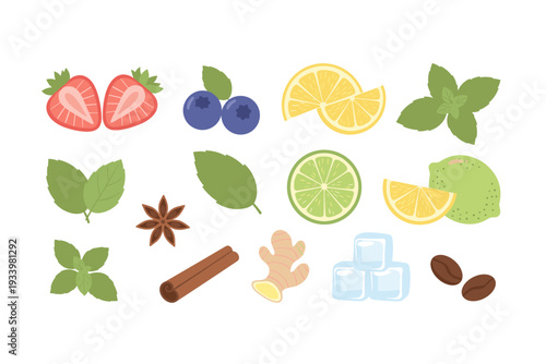 Various fresh beverage ingredients and spices for refreshing drinks, cocktails, and culinary creations, presented as a vibrant collection.