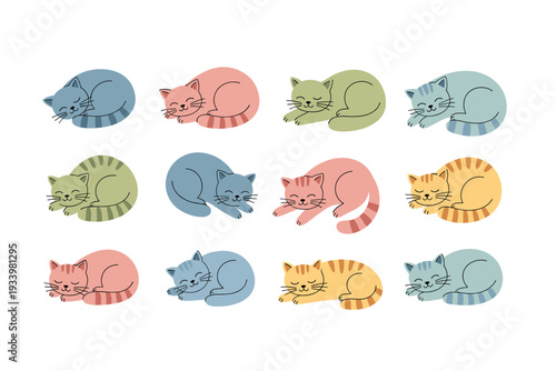 Cute sleeping cats illustration in a charming pastel palette, depicting a collection of adorable feline characters resting peacefully.