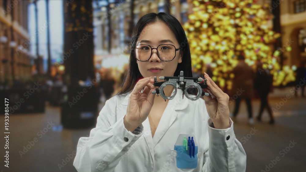 Fototapeta premium Woman doctor in white uniform adjusting eyeglasses in a vibrant street setting with holiday decorations, showcasing a blend of professionalism and festive atmosphere.