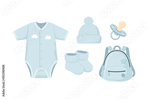 Baby items collection in soft blue for newborn boys, including a bodysuit, hat, booties, pacifier, and backpack, perfect for infant care.