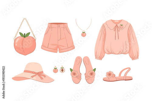 Peach-themed women's fashion collection features various stylish garments and accessories, including a blouse, shorts, hat, and shoes, perfect for a charming summer ensemble.
