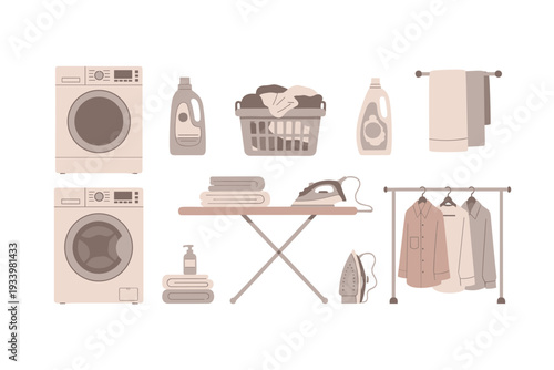 Laundry items and supplies for washing and ironing clothes, including machines, detergents, baskets, and racks, in a clean, modern illustration.