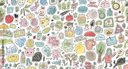 Vibrant Illustration Featuring Diverse Icons and Symbols Surrounding Diverse Objects from Daily Life