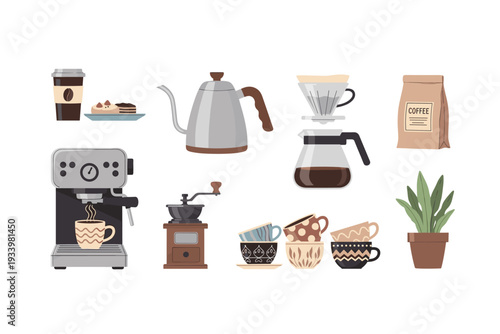 Coffee making equipment and accessories collection features various brewing tools, cups, and treats for a complete cafe experience.
