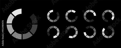 Minimalist circular loading buffering icon set with segmented ring progress status for digital UI UX dark mode interface design.