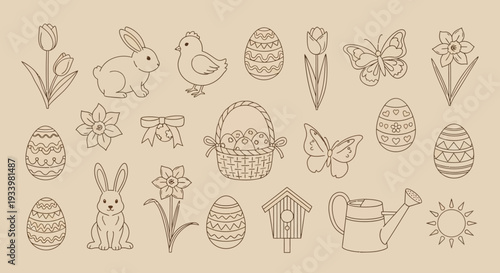 Easter-themed illustration featuring rabbits, eggs, flowers, and butterflies in a spring setting