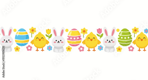 Easter-themed illustration featuring cartoon chicks and bunnies with eggs and stars in a festive arrangement