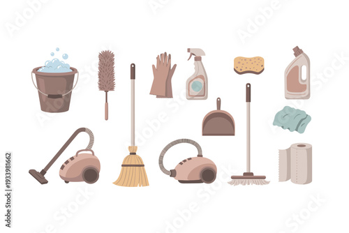 Various household cleaning supplies and tools arranged neatly for daily chores and maintenance tasks, illustrating a comprehensive approach to home hygiene.