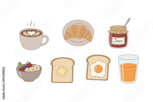 Delicious breakfast food items are neatly arranged in a charming, illustrative style, perfect for a healthy and enjoyable start to the day.