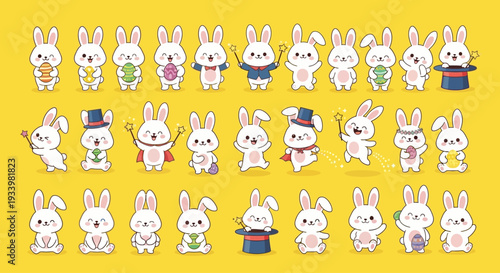 Collection of diverse cartoon rabbits in various costumes and accessories displayed on a bright yellow background from a straightforward viewpoint