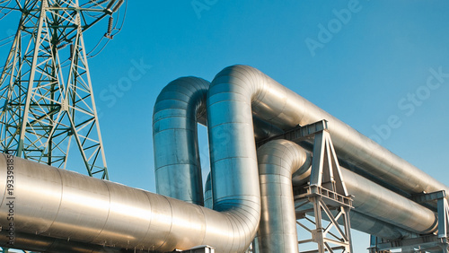A close-up of a pipeline and a power transmission tower against a blue sky