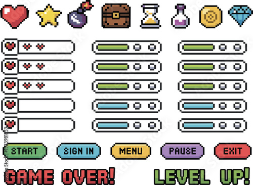 Retro Pixel Art Game Interface Elements Set with Health Bars, Buttons, and Icons for Video Game Design
