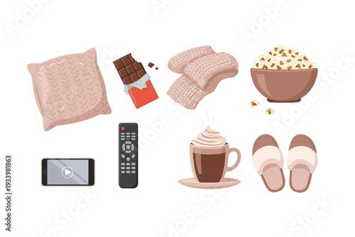 Cozy home comfort items for a relaxing evening, featuring a soft pillow, warm blanket, delicious popcorn, a hot beverage, and entertainment essentials.