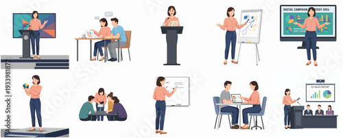 Flat Woman Giving Presentation in Various Communication Style and Medium Illustration