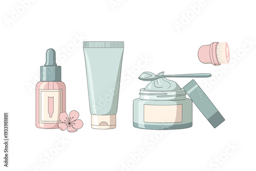 Skincare products collection featuring a variety of beauty essentials including a dropper bottle, tube, cream jar, and facial brush, adorned with a delicate flower.