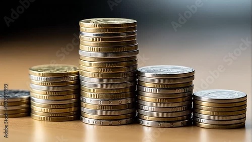 Stacks of coins arranged in ascending order on a wooden surface.